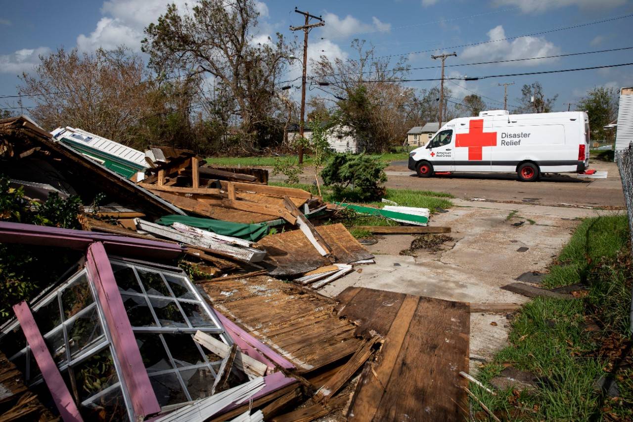 September 2, 2020. Lake Charles, LouisianaAfter delivering meals to local residents in need, an American Red Cross Emergency Response Vehicle drives through a neighborhood damaged by Hurricane Laura, in Lake Charles, LA on Wednesday, September 2, 2020.Photo by Scott Dalton/American Red Cross