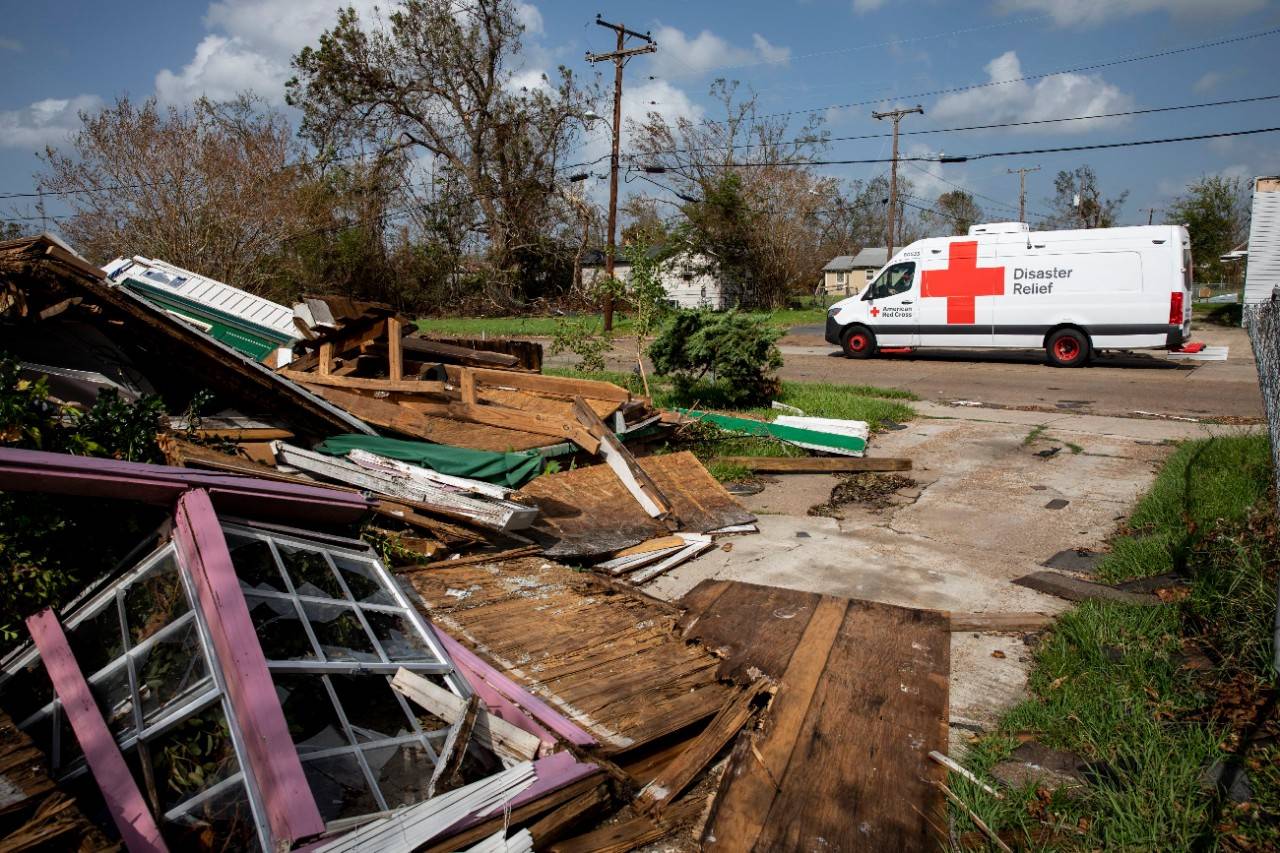 September 2, 2020. Lake Charles, Louisiana
After delivering meals to local residents in need, an American Red Cross Emergency Response Vehicle drives through a neighborhood damaged by Hurricane Laura, in Lake Charles, LA on Wednesday, September 2, 2020.
Photo by Scott Dalton/American Red Cross