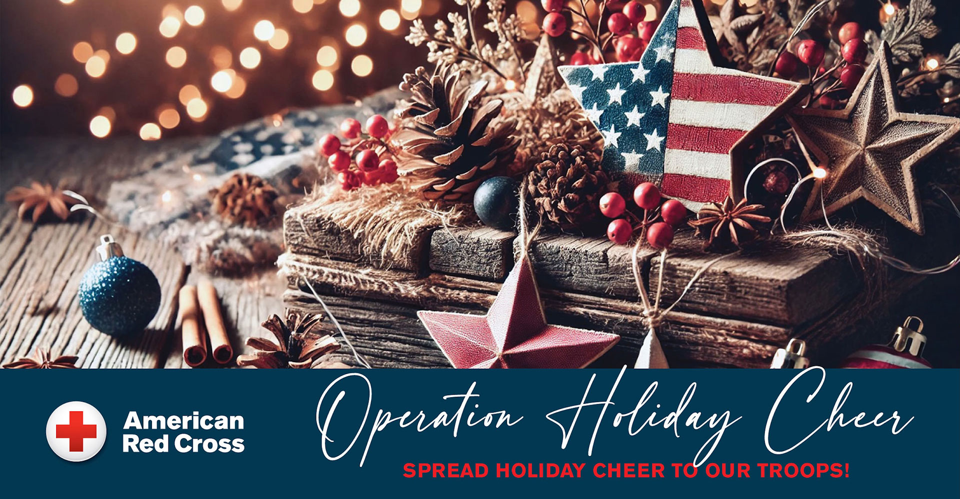 Operation Holiday Cheer banner with holiday decorations.
