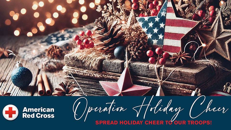 Operation Holiday Cheer banner with holiday decorations.