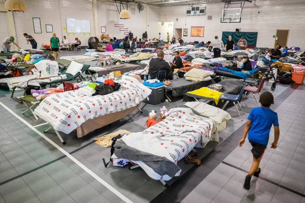 People at a shelter during Hurricane Harvey.