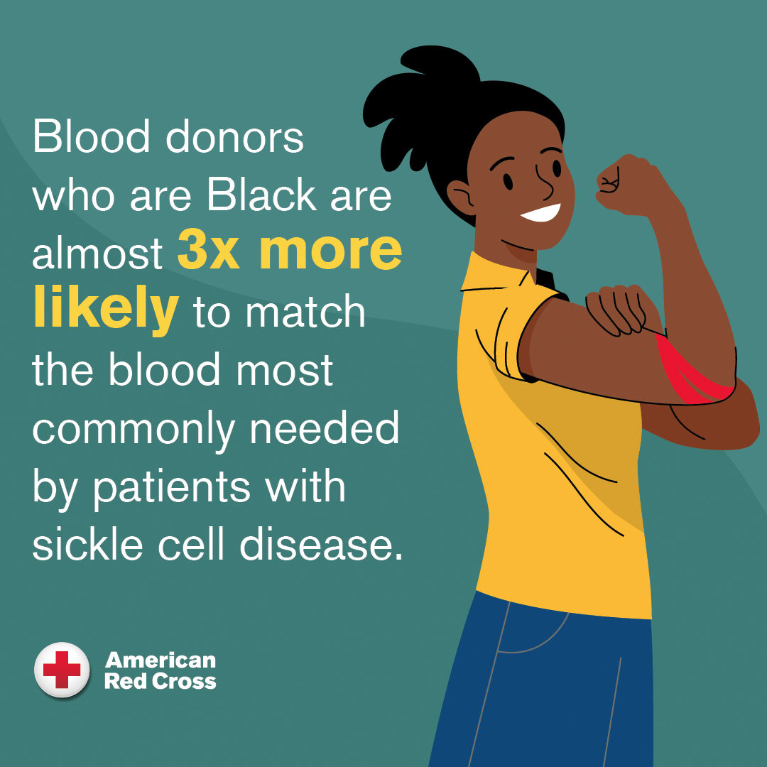 Illustration of a Black woman in a yellow shirt with a red bandage around her elbow against a teal background with white and yellow words. The words read blood donors who are Black are almost 3x more likely to match the blood most commonly needed by patients with sickle cell disease. 