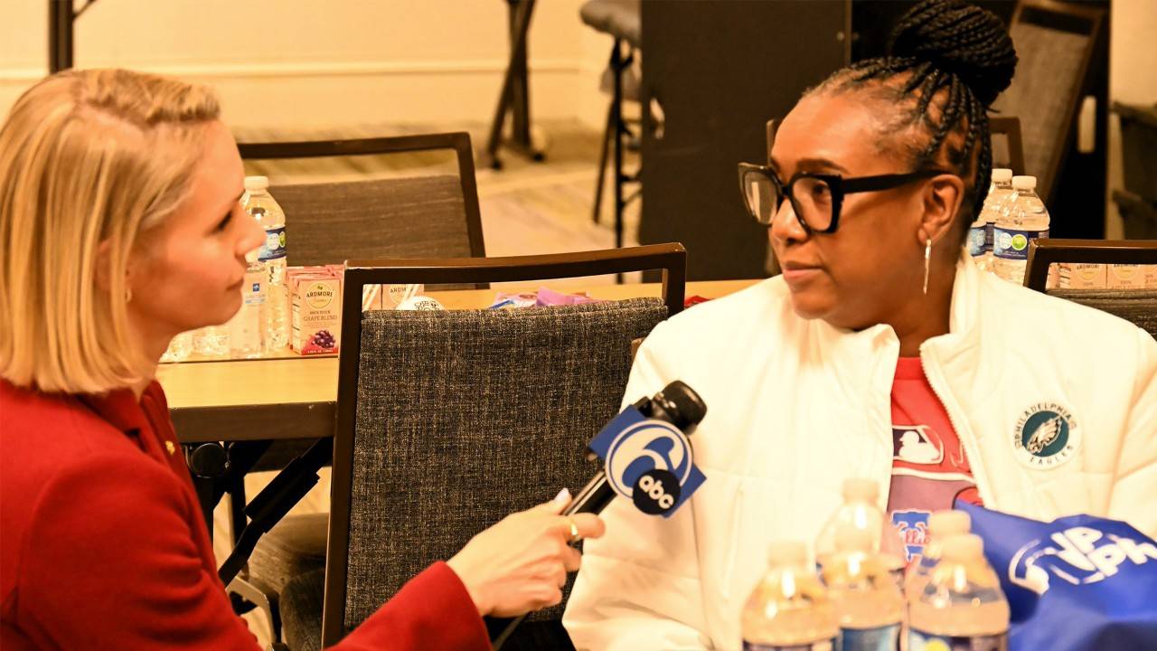 6abc reporter interviews a donor in the canteen area 