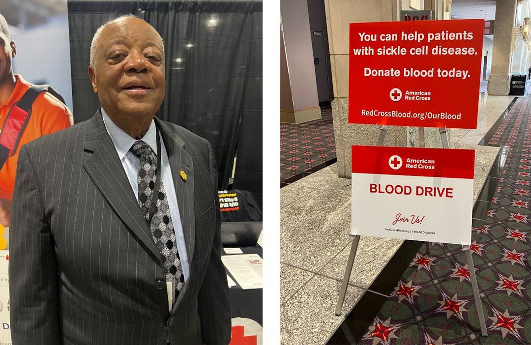 On the left side is a photo of Dr. Langston Smith. On the right side is a photo of a sign that reads "You can help patients with sickle cell disease. Donate blood today."