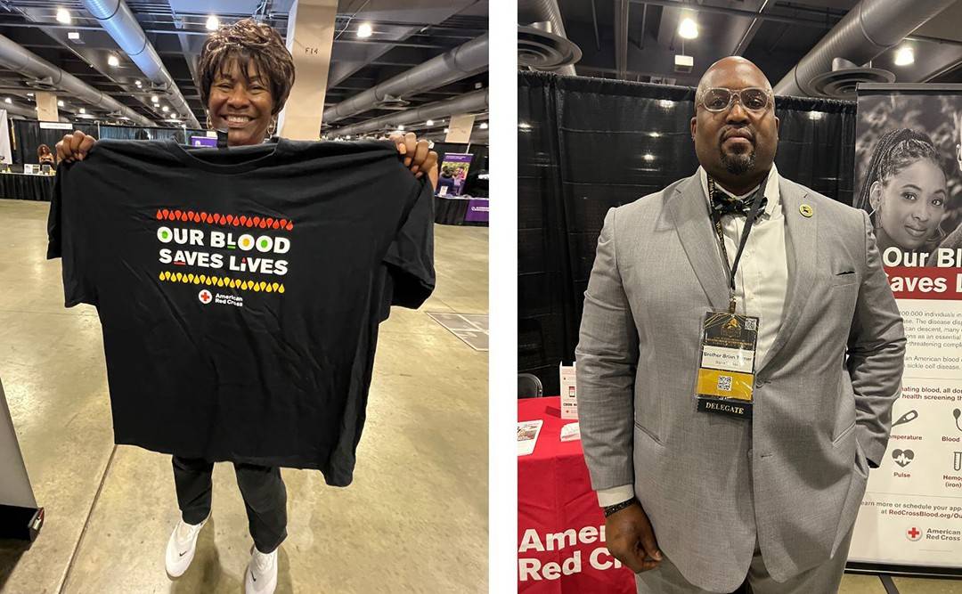 On the left side is a photo of Red Cross volunteer D'LaVale Anderson-Reeves holding up a black T-shirt that reads, "Our Blood Saves Lives." On the right side is a photo of Dr. Brian Turner.