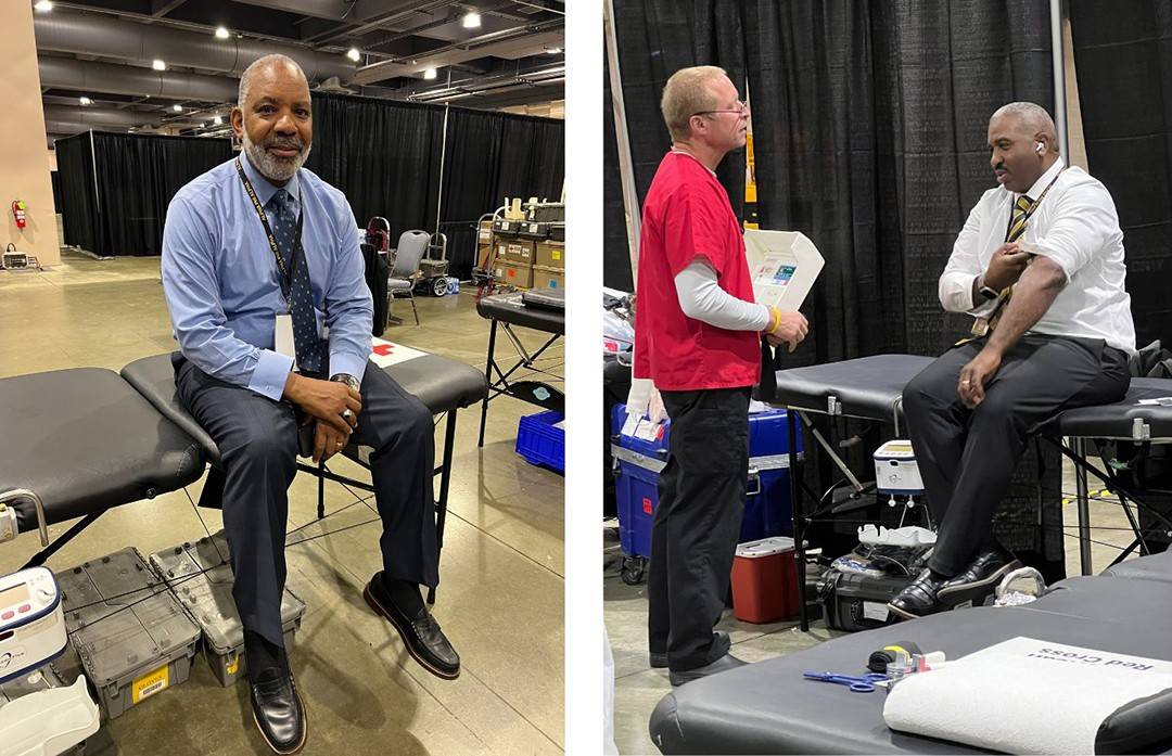 On the left side is a photo of Dr. Roosevelt Allen sitting on a blood donation table waiting to give blood. On the right side is a photo of Michael Pierre sitting on a blood donation table while rolling up his sleeve and talking with a Red Cross phlebotomist. 