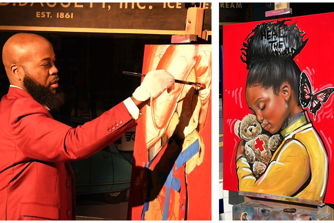 Photo of artist Amir Campbell on the left painting on a canvas. On the right is a photo of the finished painting.