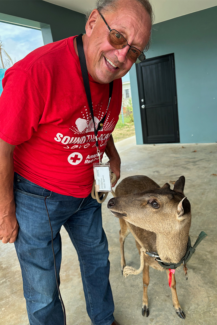 Red Cross volunteer Bill Gausch, wearing a red Red Cross shirt and identification badge, poses with a leashed pet deer outside a building in Saipan during a disaster response deployment.