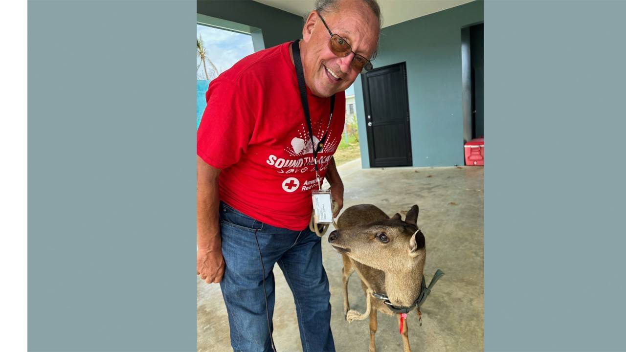 Red Cross volunteer Bill Gausch, wearing a red Red Cross shirt and identification badge, poses with a leashed pet deer outside a building in Saipan during a disaster response deployment.