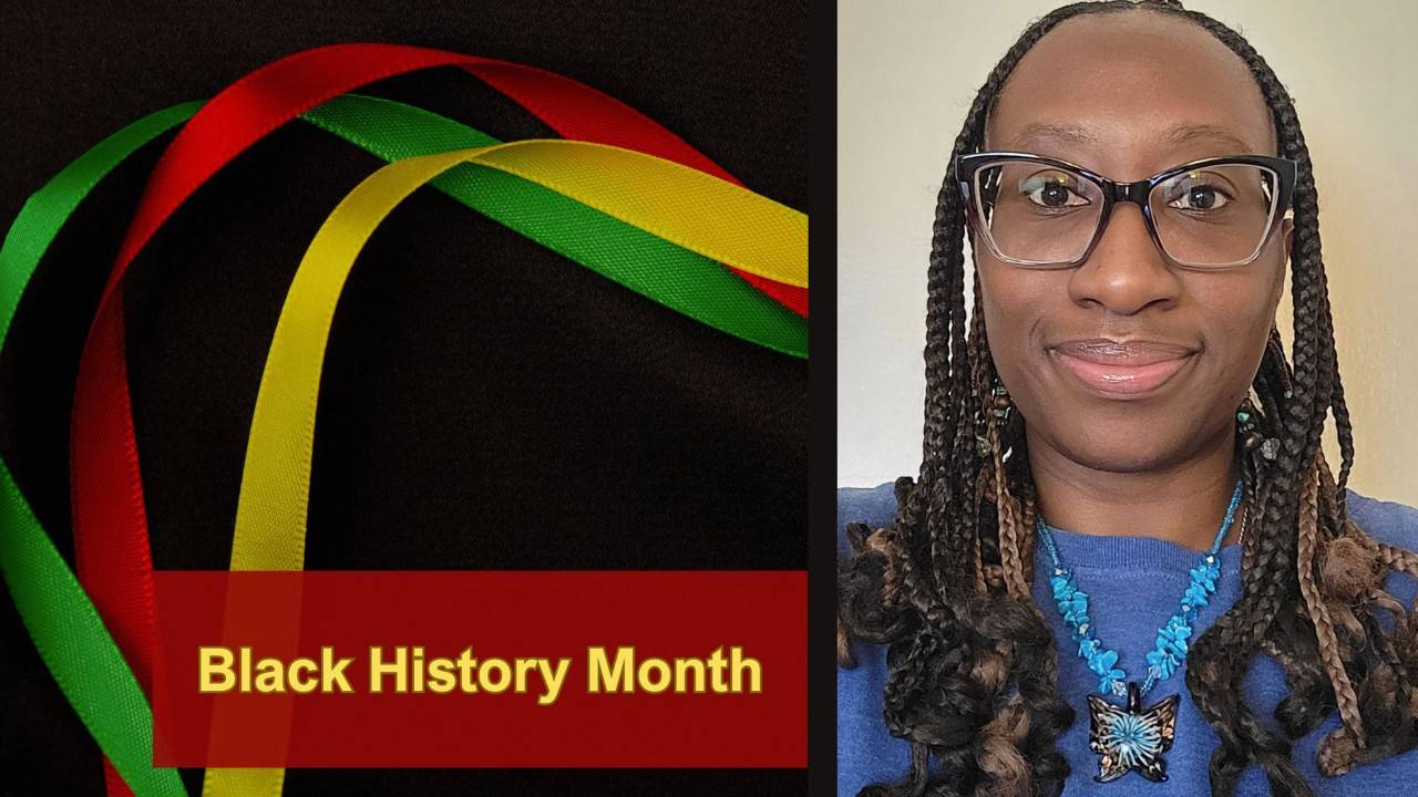 Square graphic with a black background and red, green and yellow ribbons with the words Black History Month next to a photo of Red Cross employee Samantha Munro.