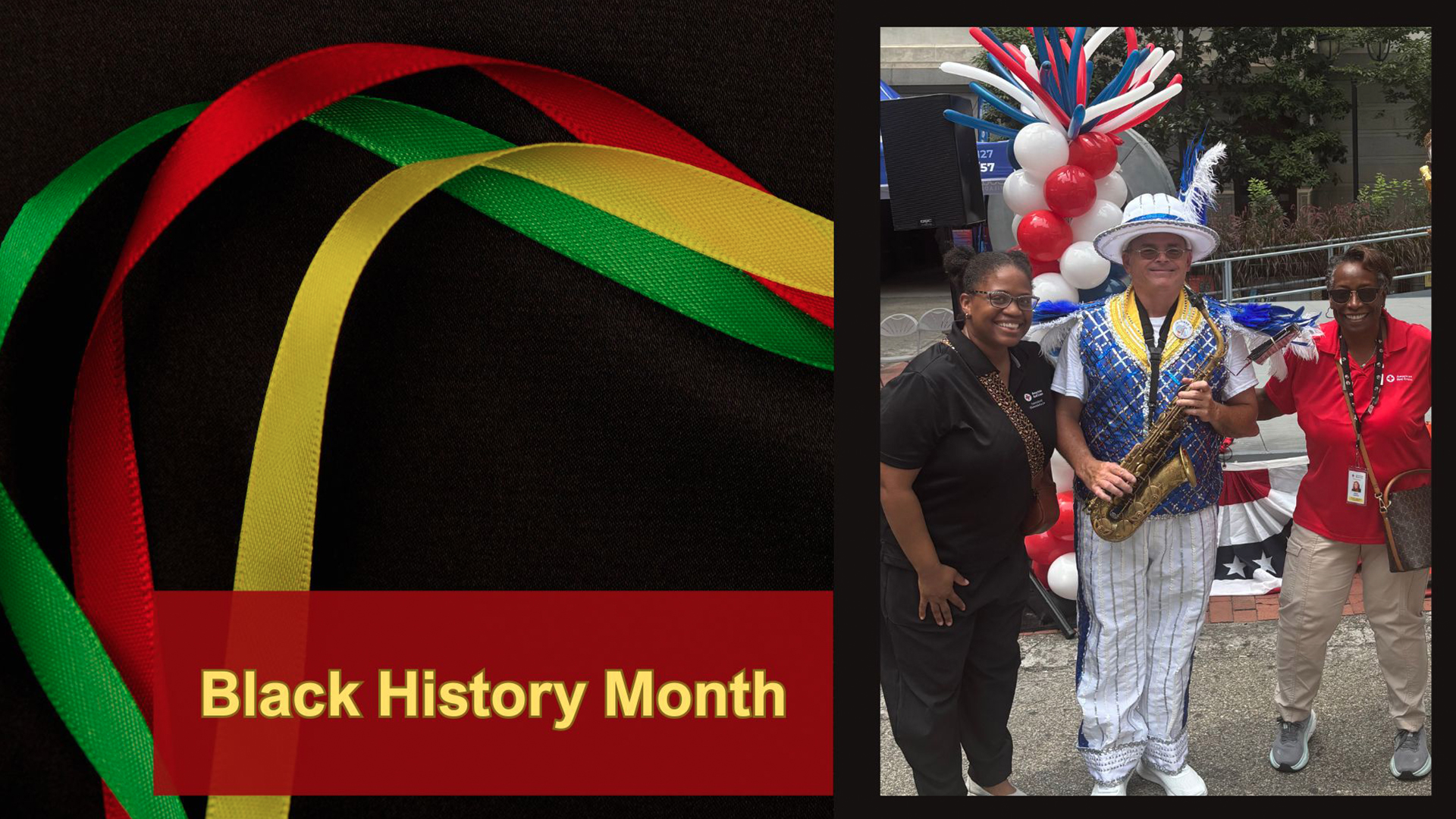 Carla Moore and Mary Harper stand with two men dressed like Mummers. 