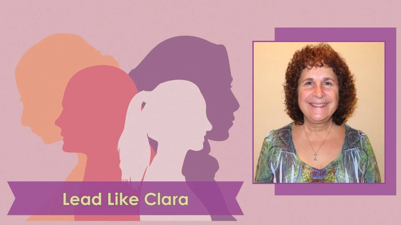 A graphic of 4 women's profiles in orange, pink and purple with a banner that reads Lead Like Clara. To the right is a photo of Carla Venditti.