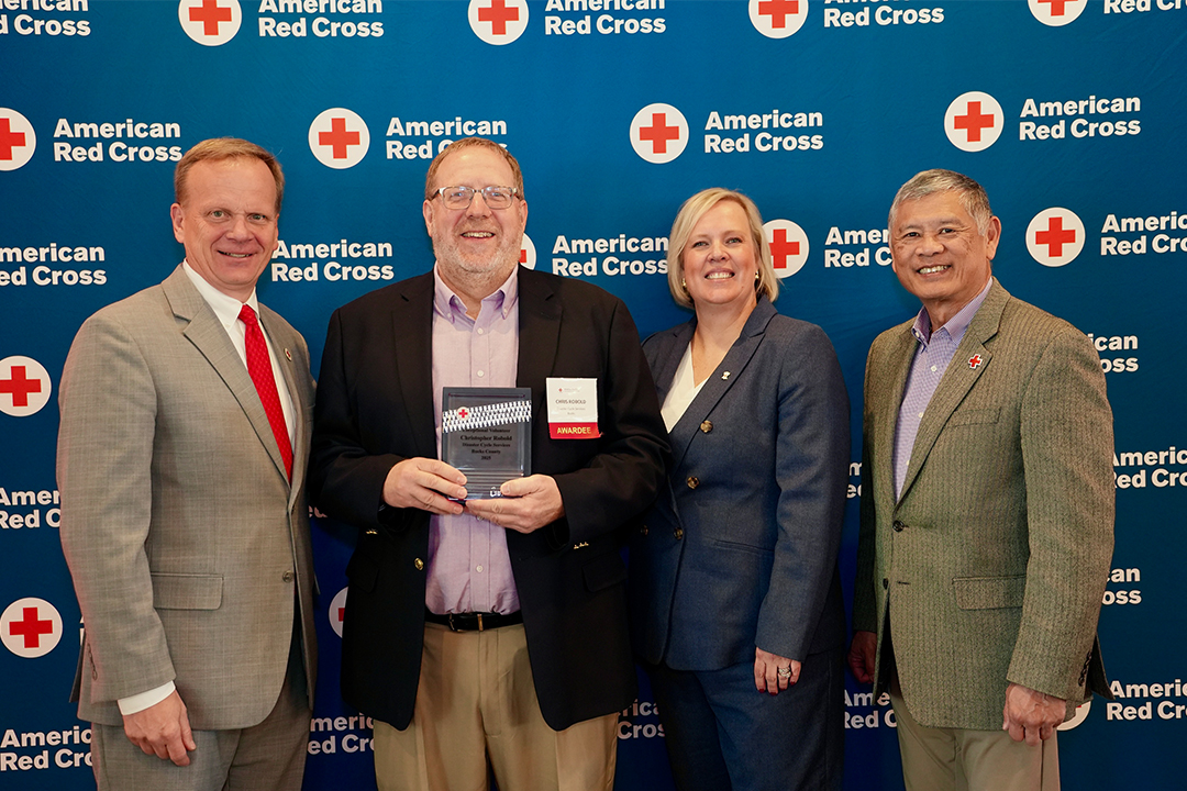 Red Cross volunteer Chris Robold is pictured with Red Cross CEO Jennifer Graham, Delaware Valley Chapter Board Member John Susanin and Philadelphia Chapter Board Member Kenneth Wong 