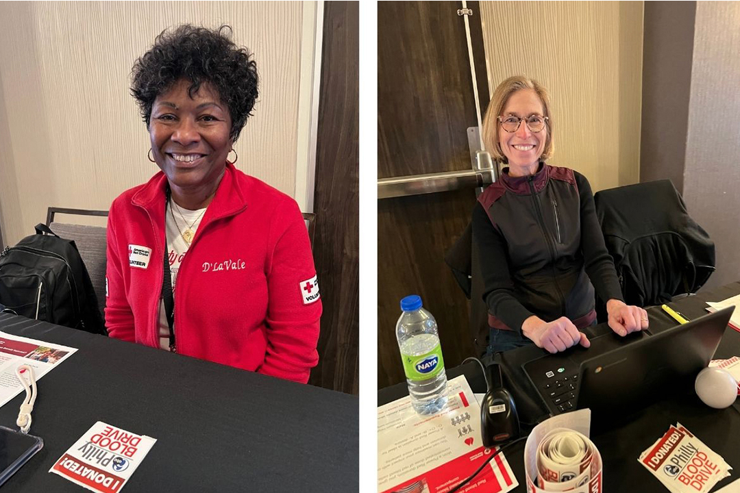 Photos of D'LaVale Anderson-Reeves on the left and Susan Brereton on the right sitting at a blood drive reception desk.