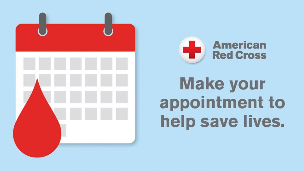 Illustration of a calendar with the blood drop over top of it on a light blue background with gray words that read Make your appointment to help save lives.