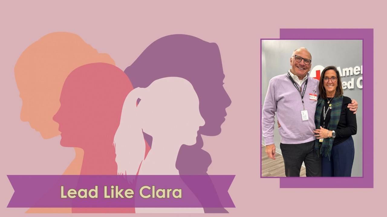 A graphic of 4 women's profiles in orange, pink and purple with a banner that reads Lead Like Clara. To the right is a photo of Donna Zacker.