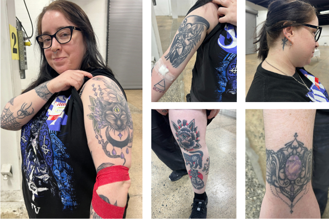 Five square photos of Elizabeth Carden showing her tattoos.