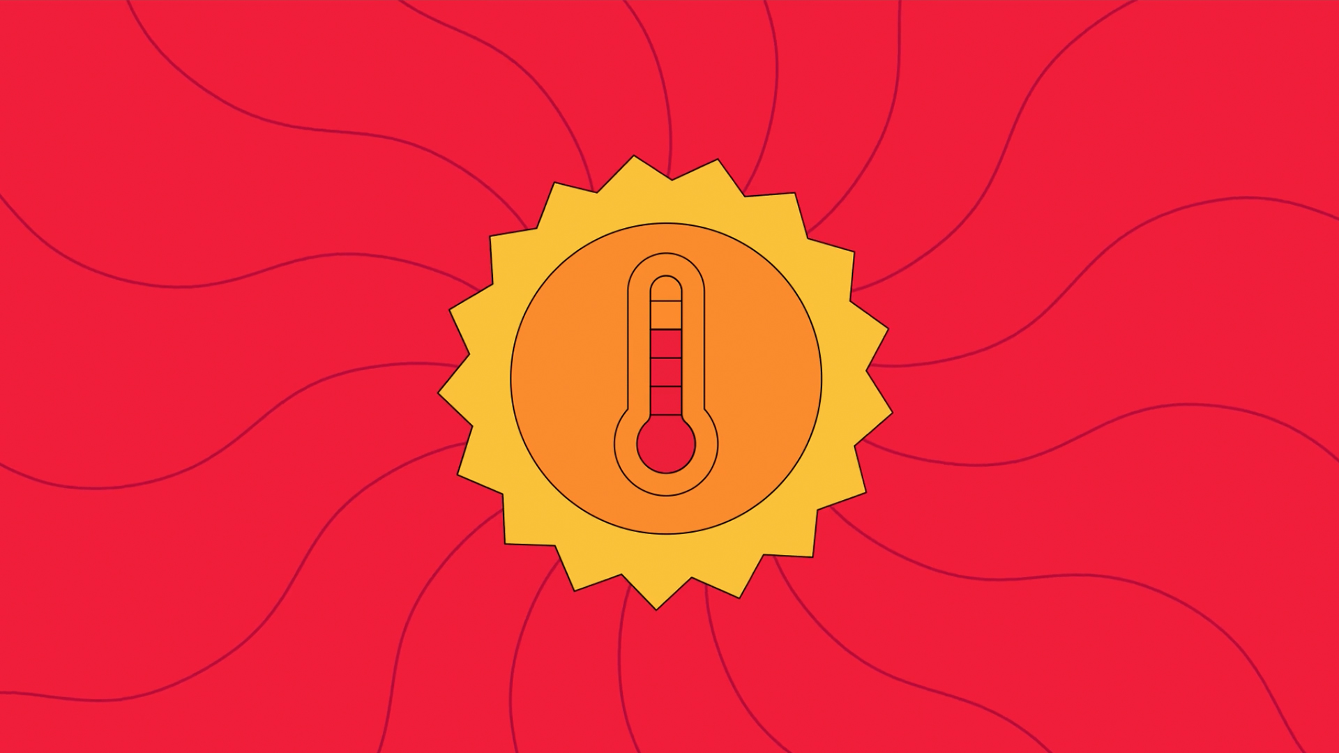 Illustration of a yellow sun with a red thermometer in the middle against a red background