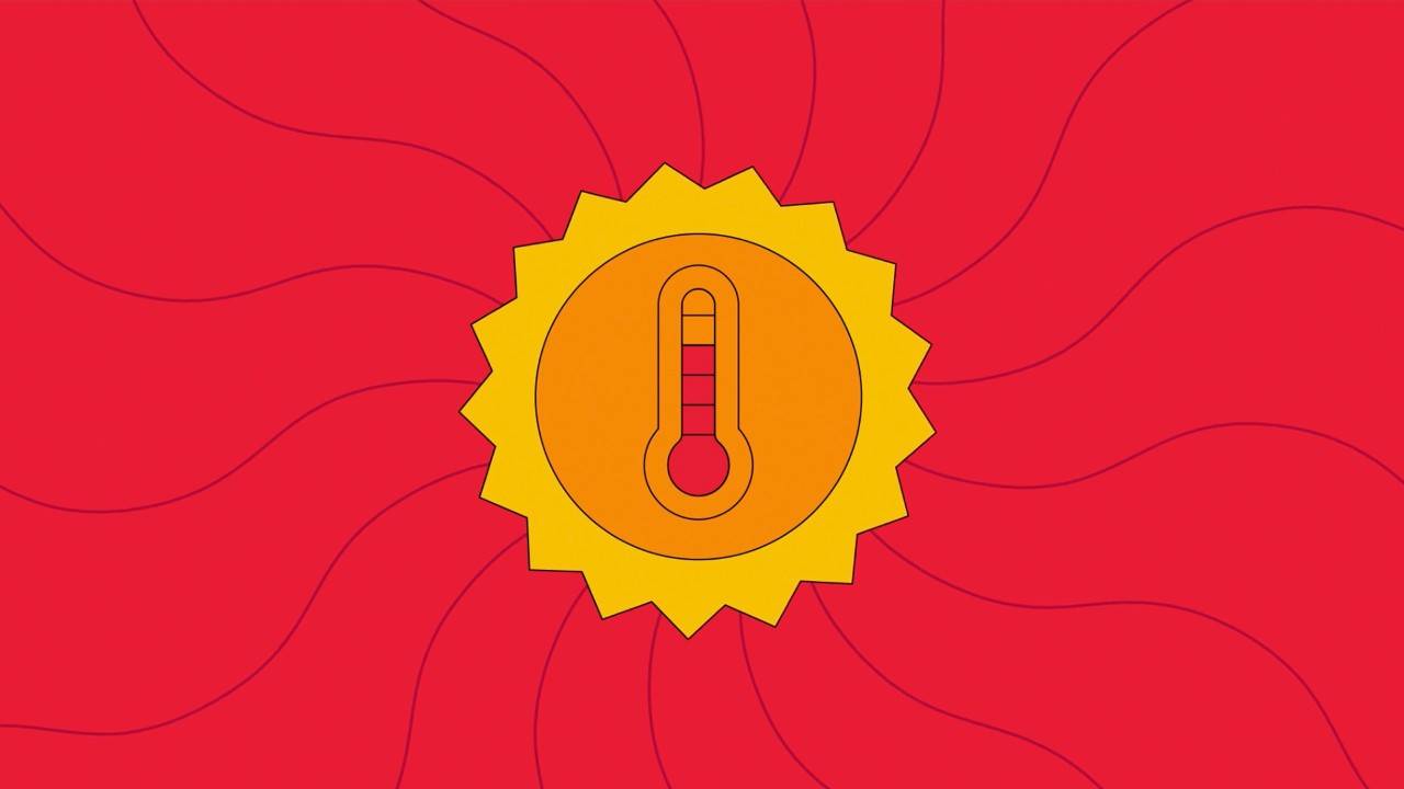 Illustration of a yellow sun with a red thermometer in the middle against a red background