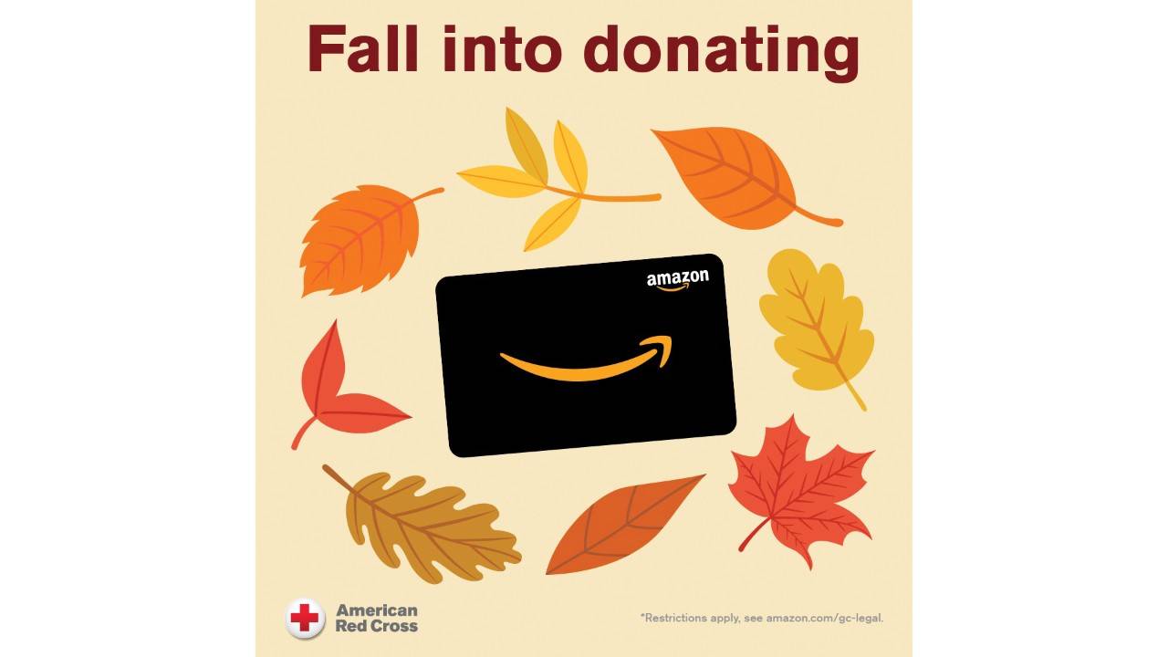 Graphic of an Amazon gift card with orange and yellow leaves around it and the words "Fall into donating."
