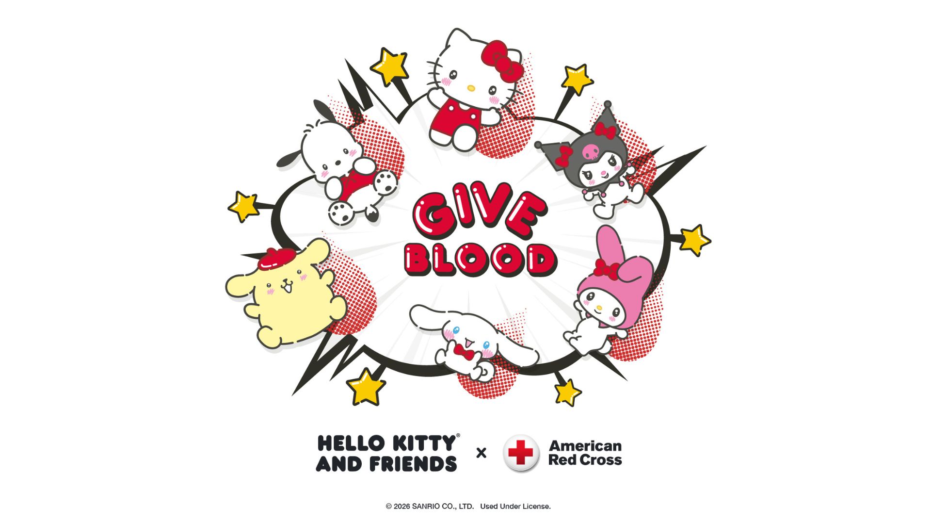 An official promotional graphic featuring Hello Kitty and Friends surrounding a red heart-shaped blood drop with the text "GIVE BLOOD." Below the main design, the logos for "Hello Kitty and Friends" and the "American Red Cross" are displayed side by side.
