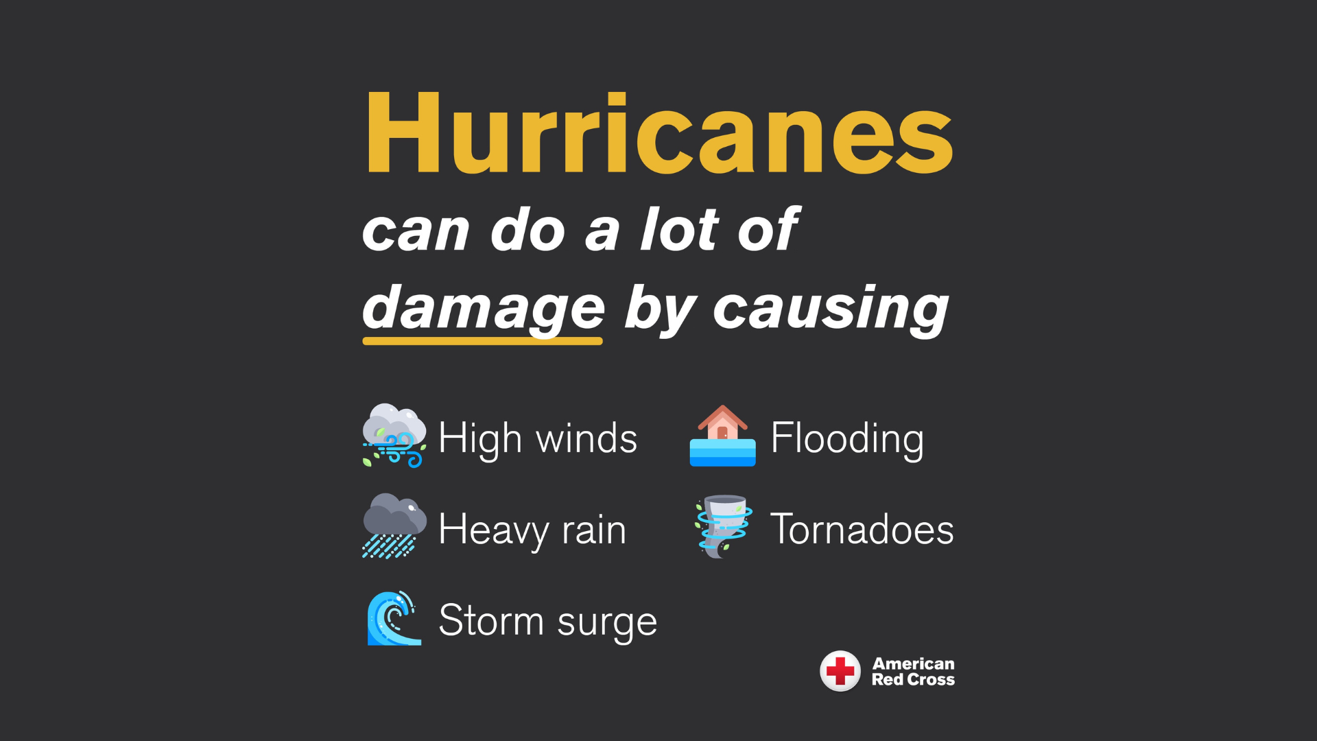 American Red Cross graphic reads: Hurricanes can do a lot of damage by causing high winds, heavy rains, storm surge, flooding, tornadoes