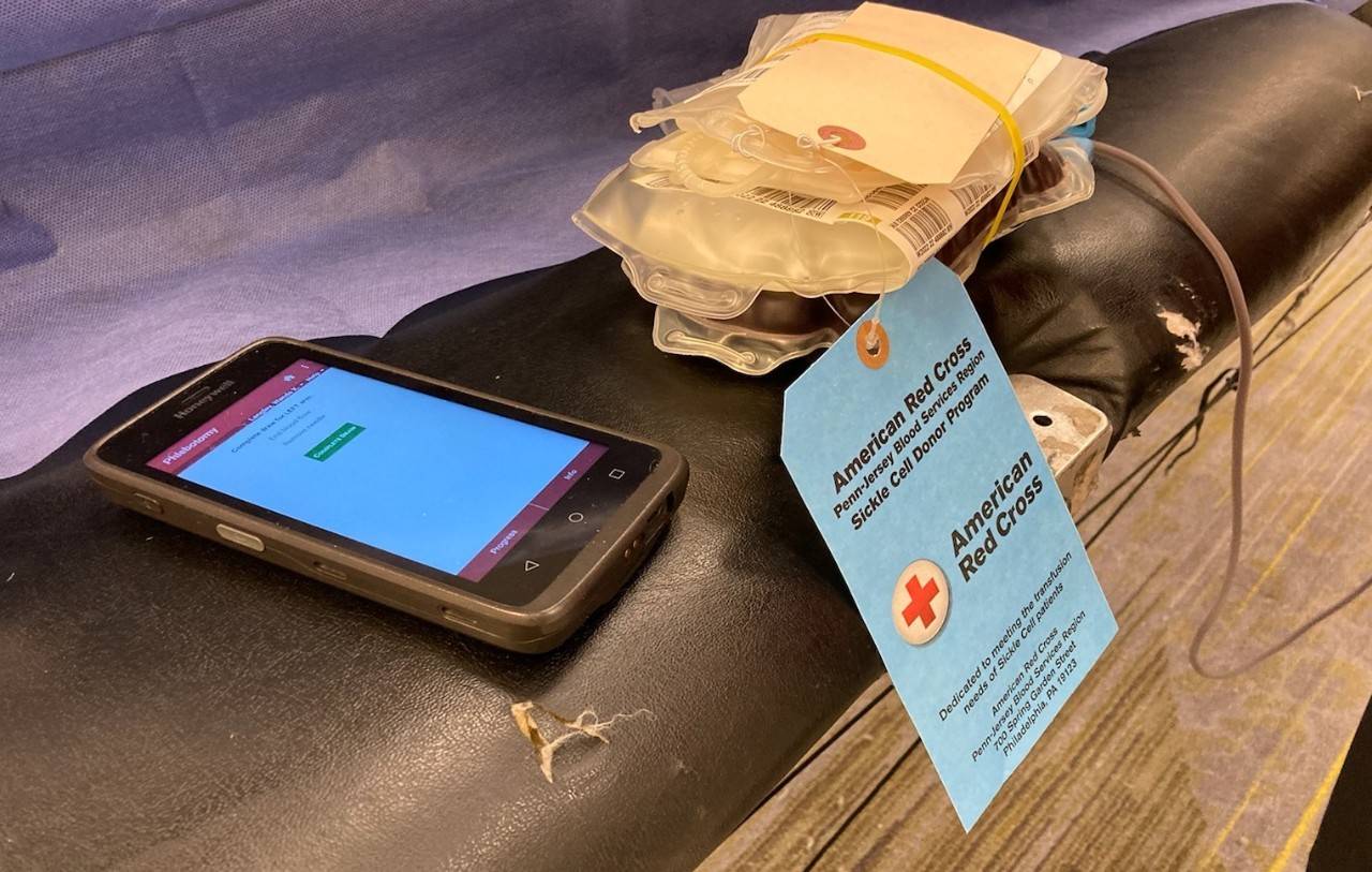 Sickle cell donor bag and a phone