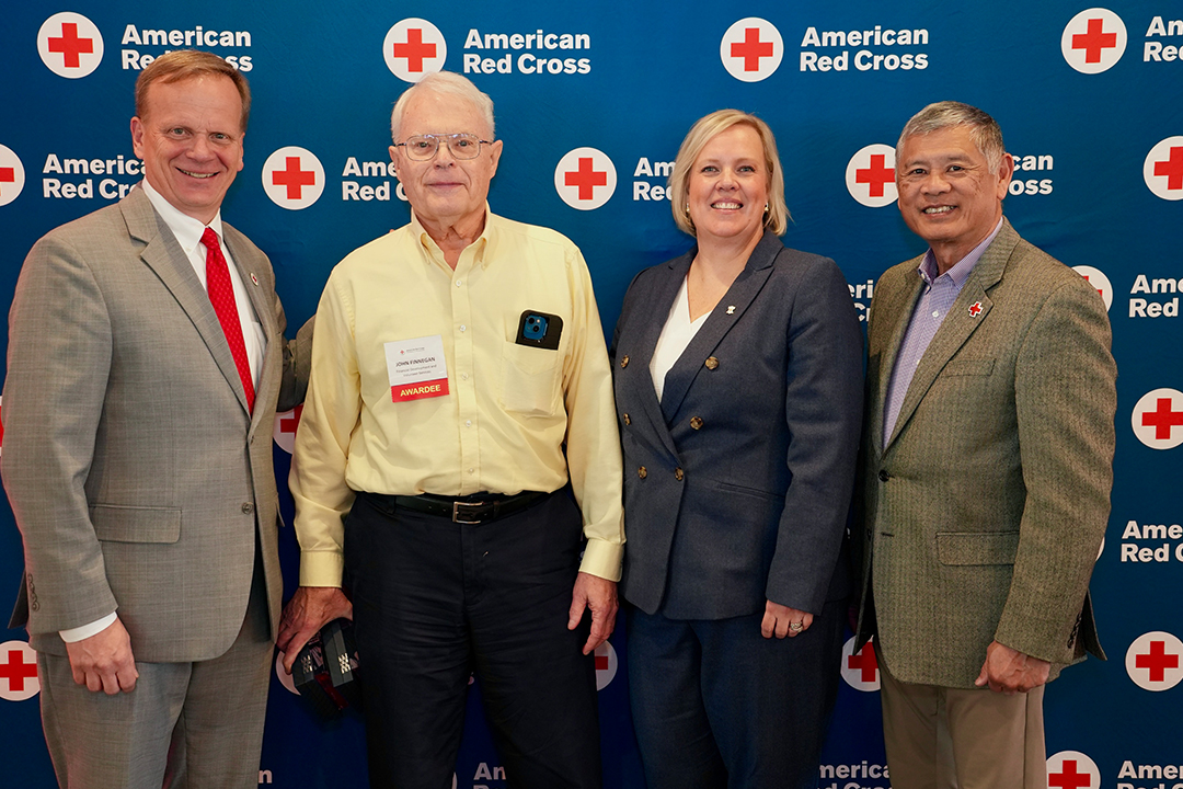 Red Cross volunteer John Finnegan is pictured with Red Cross CEO Jennifer Graham (second from right), Delaware Valley Chapter Board Member John Susanin (far left) and Philadelphia Chapter Board Member Kenneth Wong (far right). 