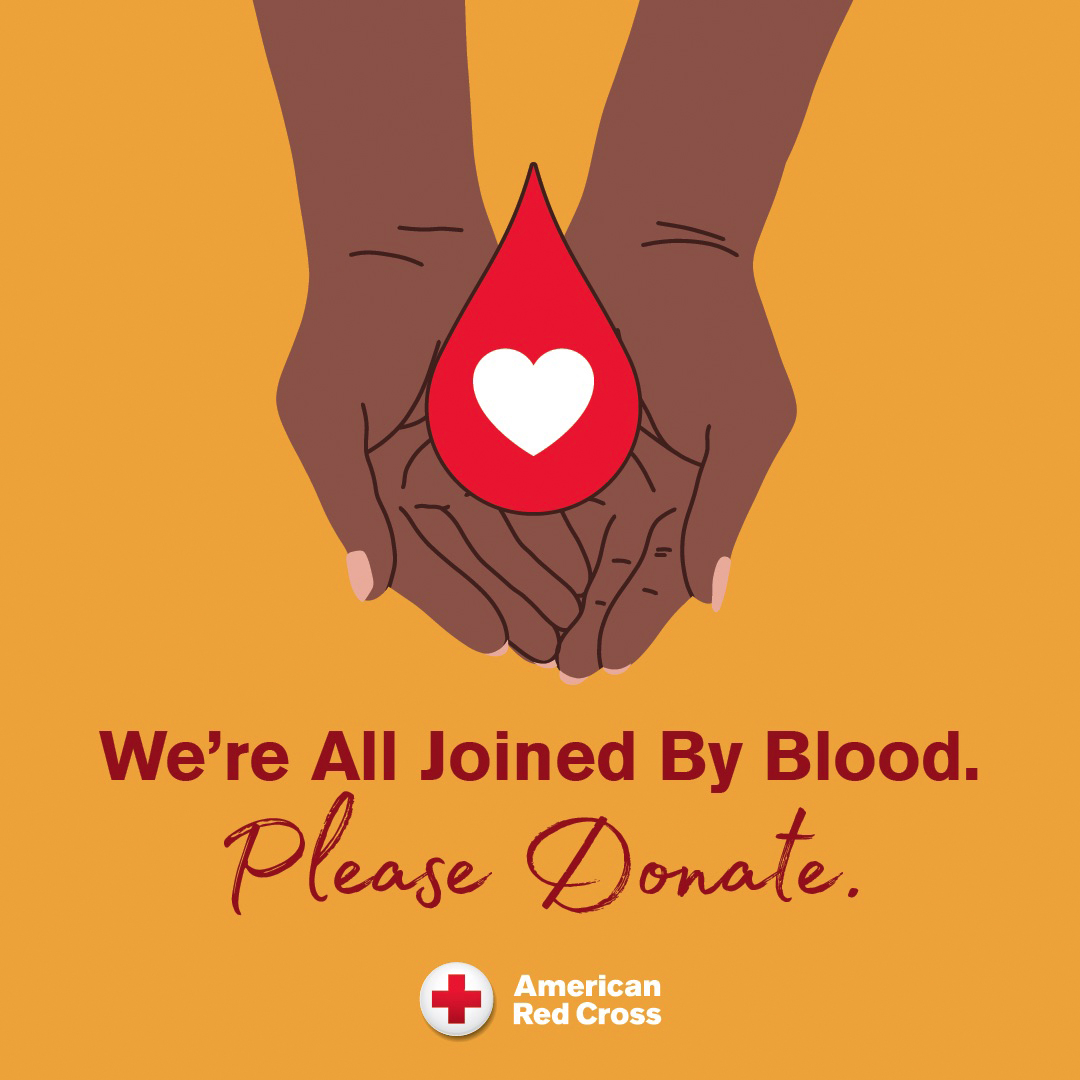 Illustration of Black hands cupped around a red blood drop with a white heart inside of it on a gold background with the burgundy words We're all joined by blood. Please donate. 