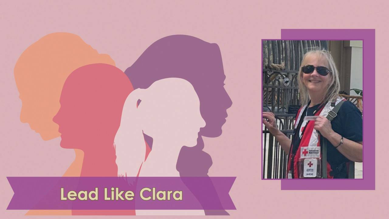 A graphic of 4 women's profiles in orange, pink and purple with a banner that reads Lead Like Clara. To the right is a photo of Kate Byrnes.