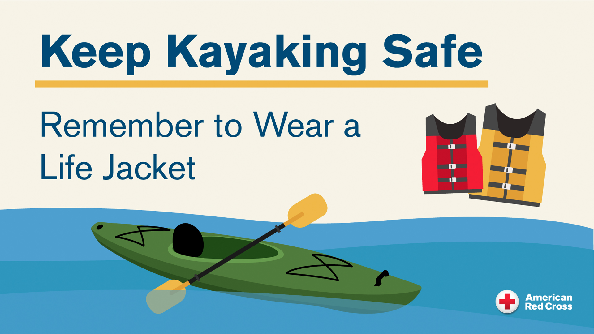 An American Red Cross graphic titled "Keep Kayaking Safe." The image includes the text "Remember to Wear a Life Jacket" alongside illustrations of red and yellow life jackets, a green kayak floating on water with a paddle, and the American Red Cross logo in the bottom right corner.