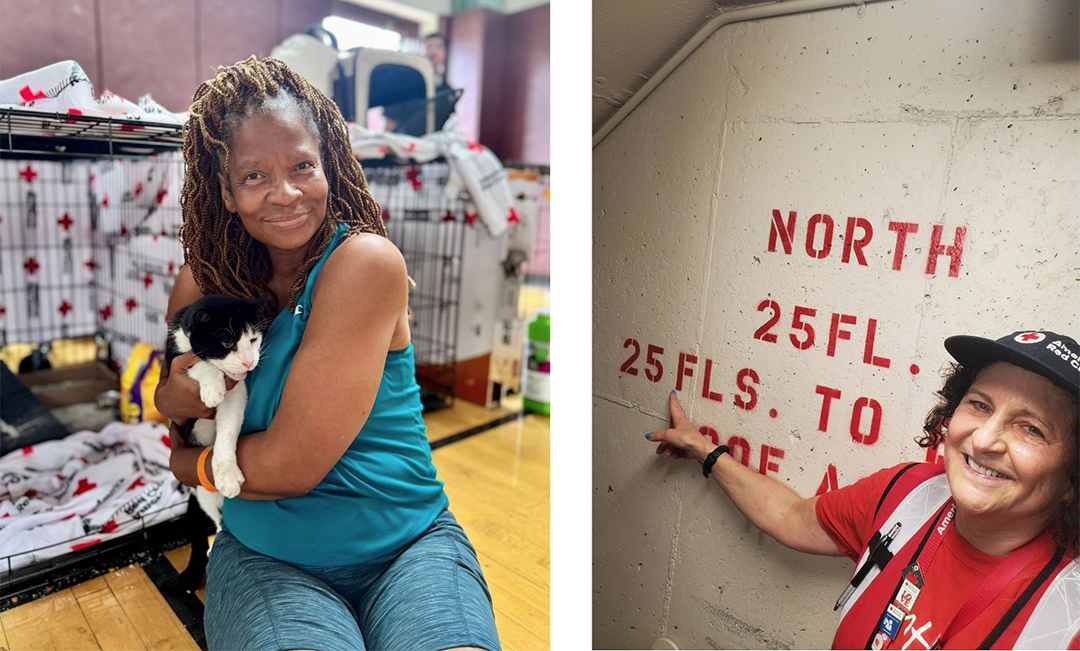 On the left side is a photo of Margaret Alston holding her black and white cat Oreo in front of a pet crate inside a school gymnasium. On the right side is a photo of Red Cross volunteer Rahel Pachter pointing to the 25th floor sign in an apartment building stair tower. 