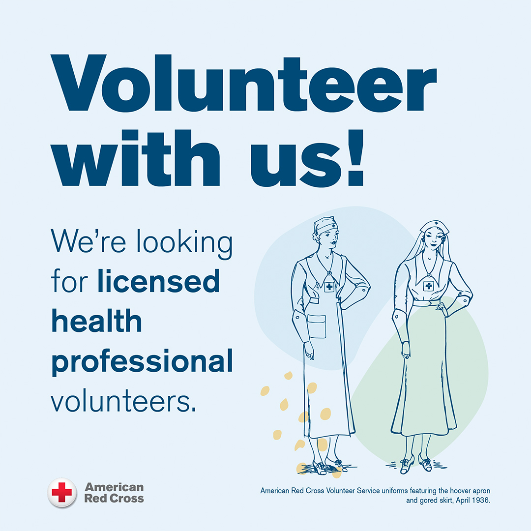 Red Cross graphic reads: Volunteer with us! We're looking for licensed health professional volunteers.