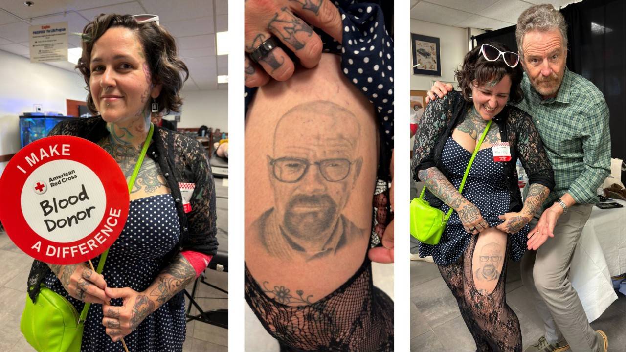 Three side-by-side photos from a blood donation event feature a heavily tattooed participant. In the first photo, the participant holds a red American Red Cross sign that reads, “I Make a Difference – Blood Donor.” The center photo shows a close-up of a portrait tattoo on the upper thigh depicting a bald man wearing glasses and a goatee. In the third photo, the participant displays the tattoo while standing beside another person at an event booth. The indoor setting includes tables, displays, and event signage.