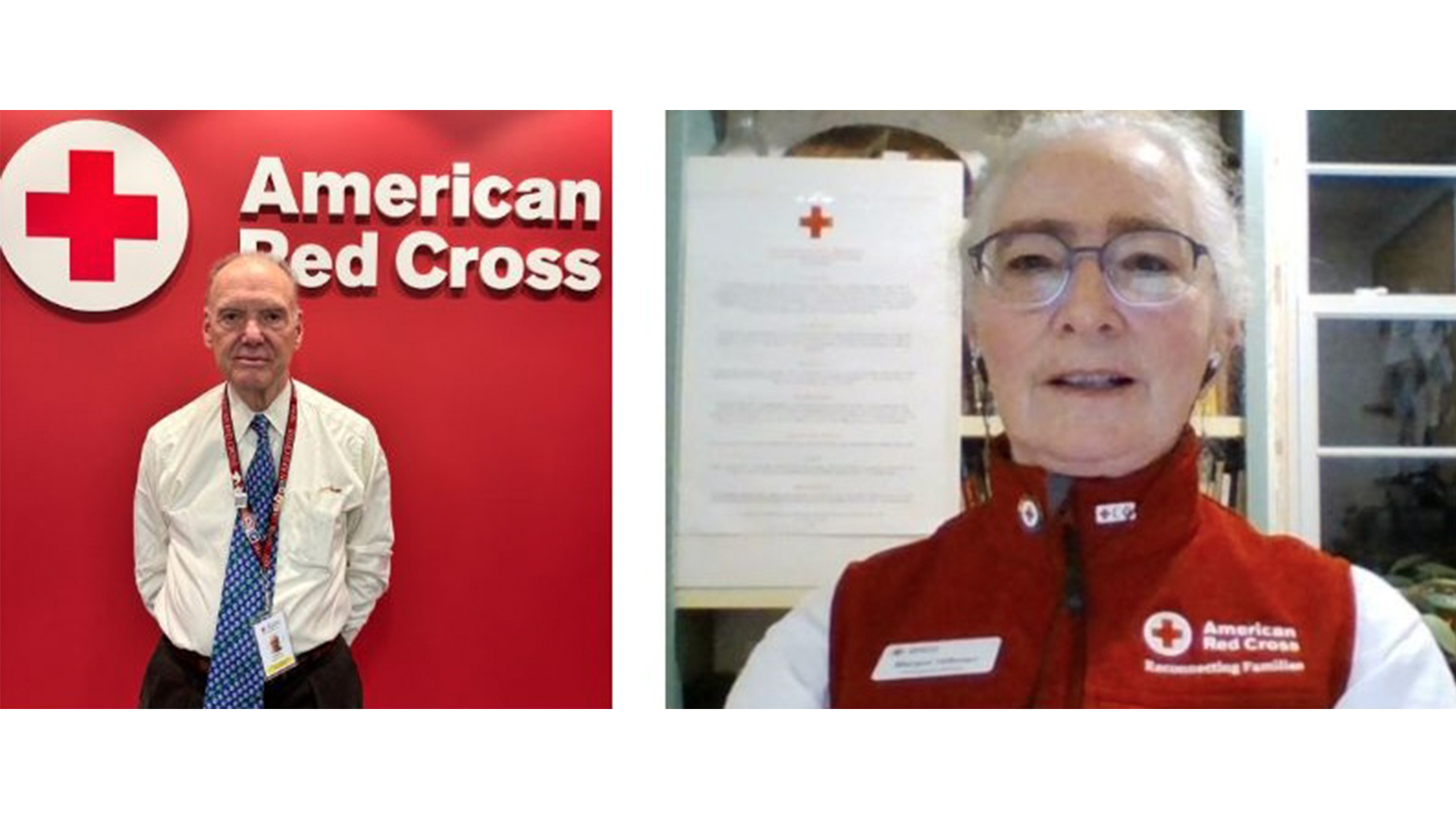 Photos of a caucasian older man and woman. The man is wearing a white dress shirt and tie and is standing in front of a red wall with the American Red Cross logo. The woman is pictured wearing a Red Cross vest.