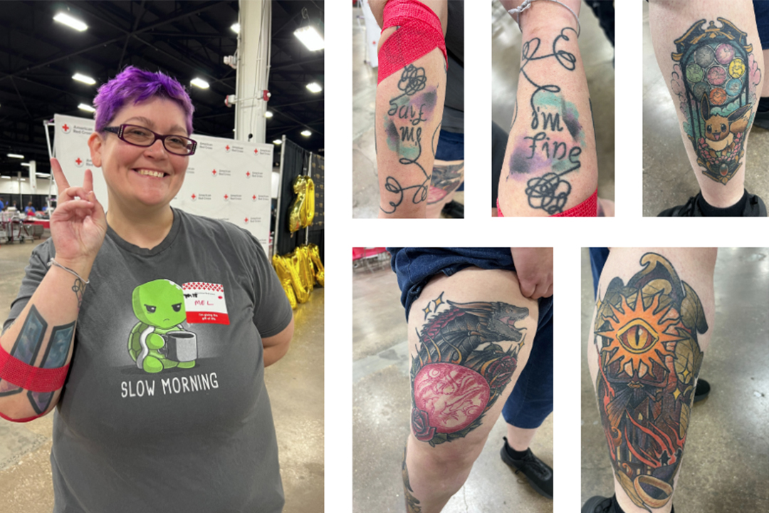 Six rectangular photos of Mel Palmer and her many tattoos.