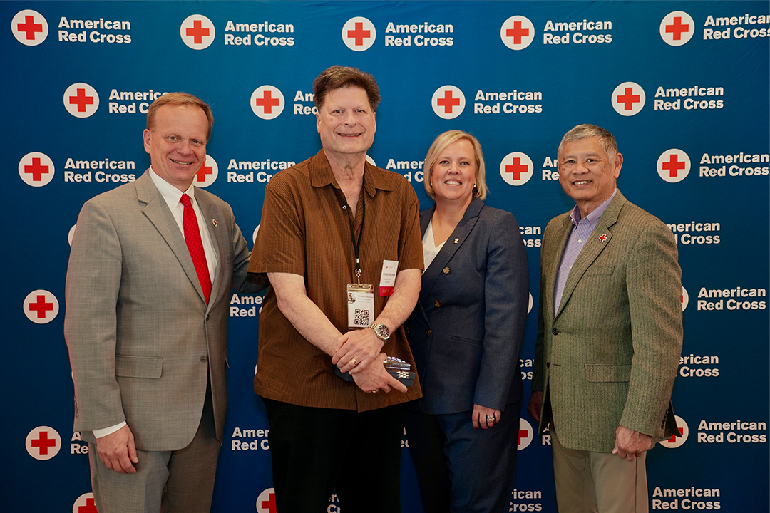 Red Cross volunteer Michael Freedman is pictured with Red Cross CEO Jennifer Graham, Delaware Valley Chapter Board Member John Susanin and Philadelphia Chapter Board Member Kenneth Wong