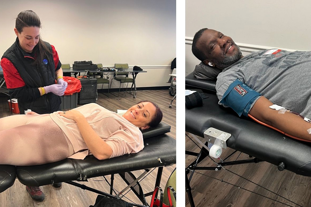2 photos. In the left photo is Michele Edwards laying a donation table as Stephanie Chinofsky prepares to draw blood. In the right photo, Lamont Terrell lays on a blood donation cot while he gives blood.