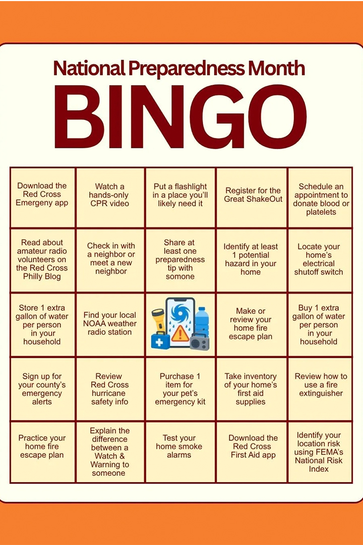Red Cross National Preparedness Month BINGO card graphic featuring a 5x5 grid filled with practical disaster readiness tasks, such as downloading Red Cross emergency apps, testing home smoke alarms, and building a pet emergency kit.