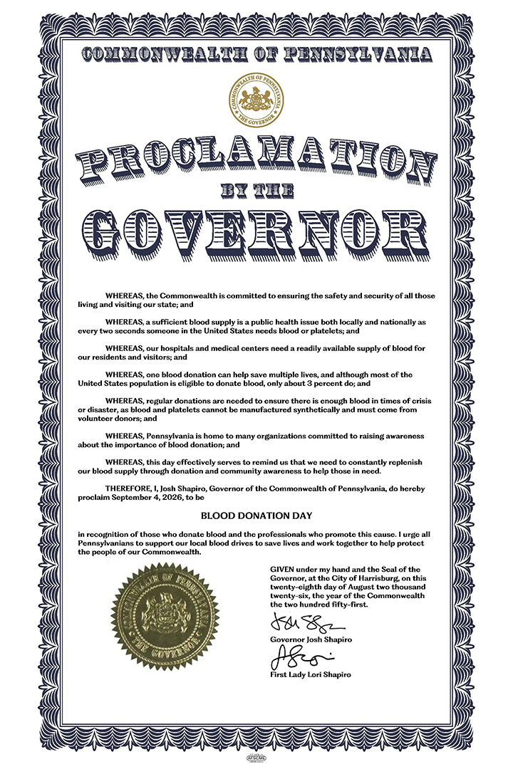 Proclamation by Governor Josh Shapiro designating September 4, 2026, as Blood Donation Day in Pennsylvania.