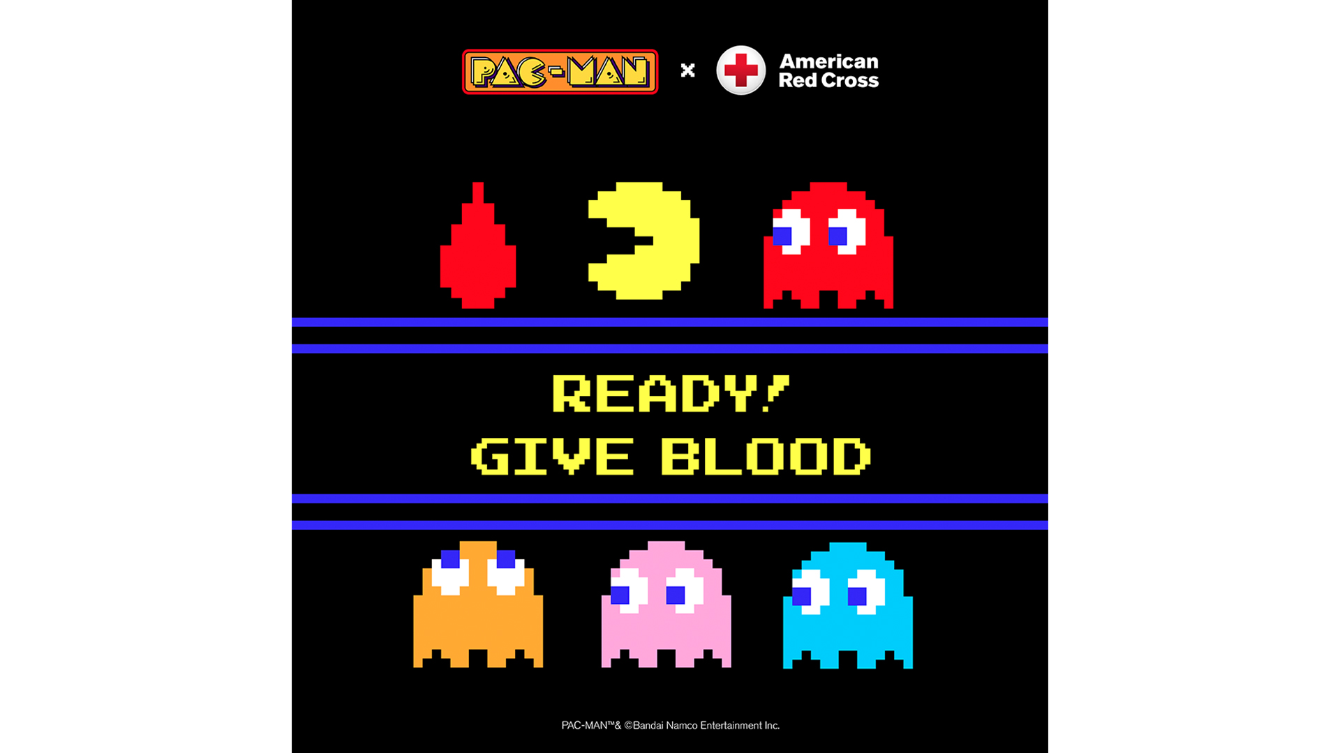 Graphic depicting PAC-MAN video game with the yellow PAC-MAN, blood drop and 4 ghosts.