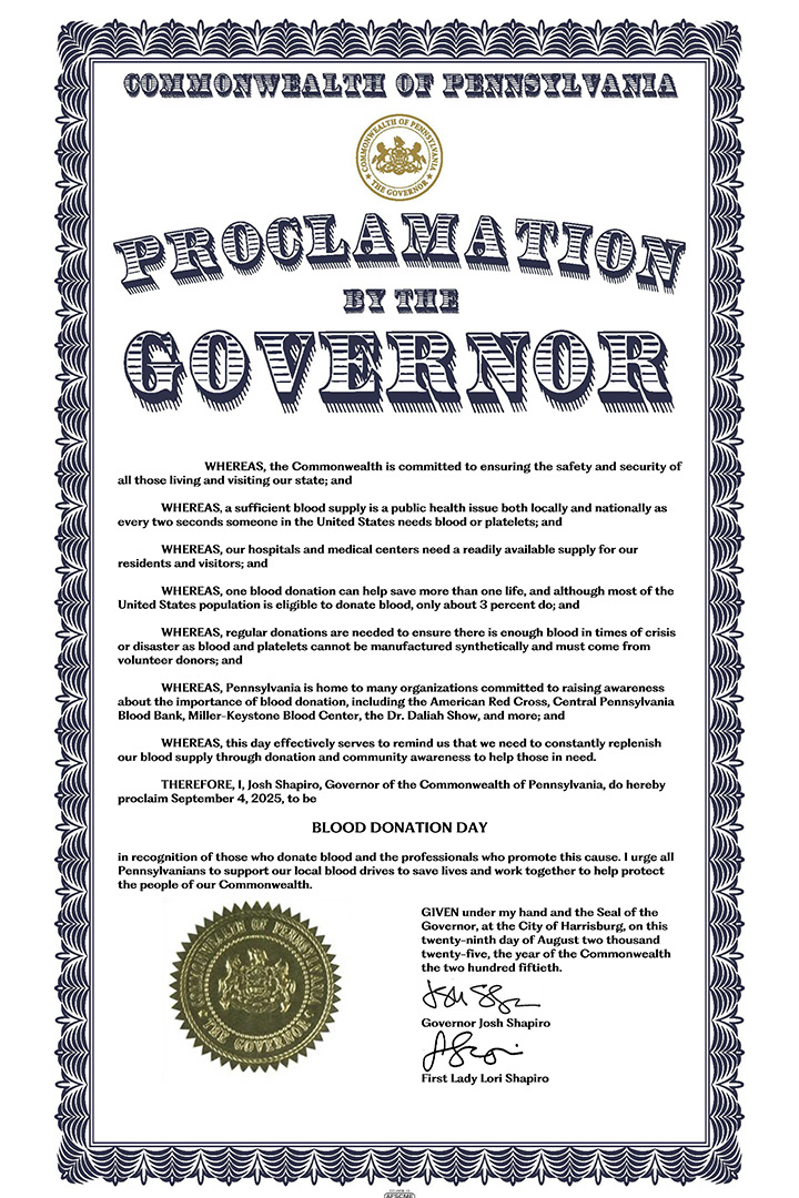 proclamation of Sept. 4, 2025 as Pennsylvania Blood Donation Day by Governor Shapiro 