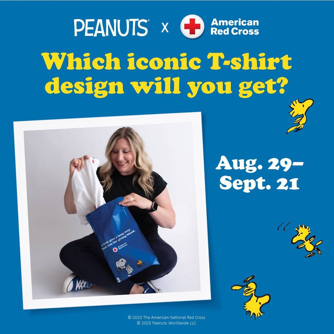 Peanuts x American Red Cross graphic of a woman pulling a T-shirt out of a blue bag. Copy reads Which iconic T-shirt design will you get? Aug. 29-Sept. 21. 