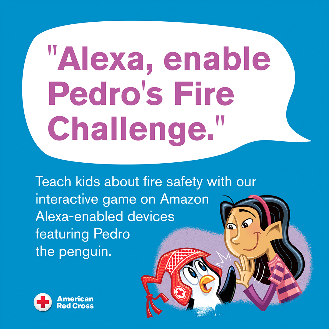 Red Cross graphic on a blue background promoting Pedro's Fire Challenge, featuring a large speech bubble reading "Alexa, enable Pedro's Fire Challenge." below text explaining how to teach kids fire safety using Amazon Alexa devices alongside cartoon illustrations of Pedro the Penguin and a young girl.
