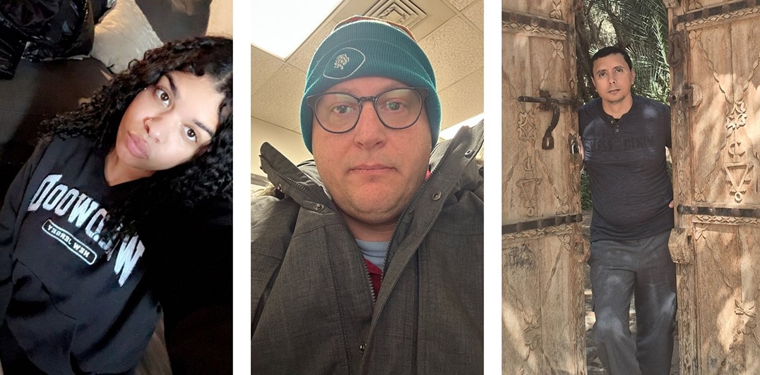 Three photos, each showing one person, from left: ierra Perry, Paul Bradley Kacer andJamal Aimry.