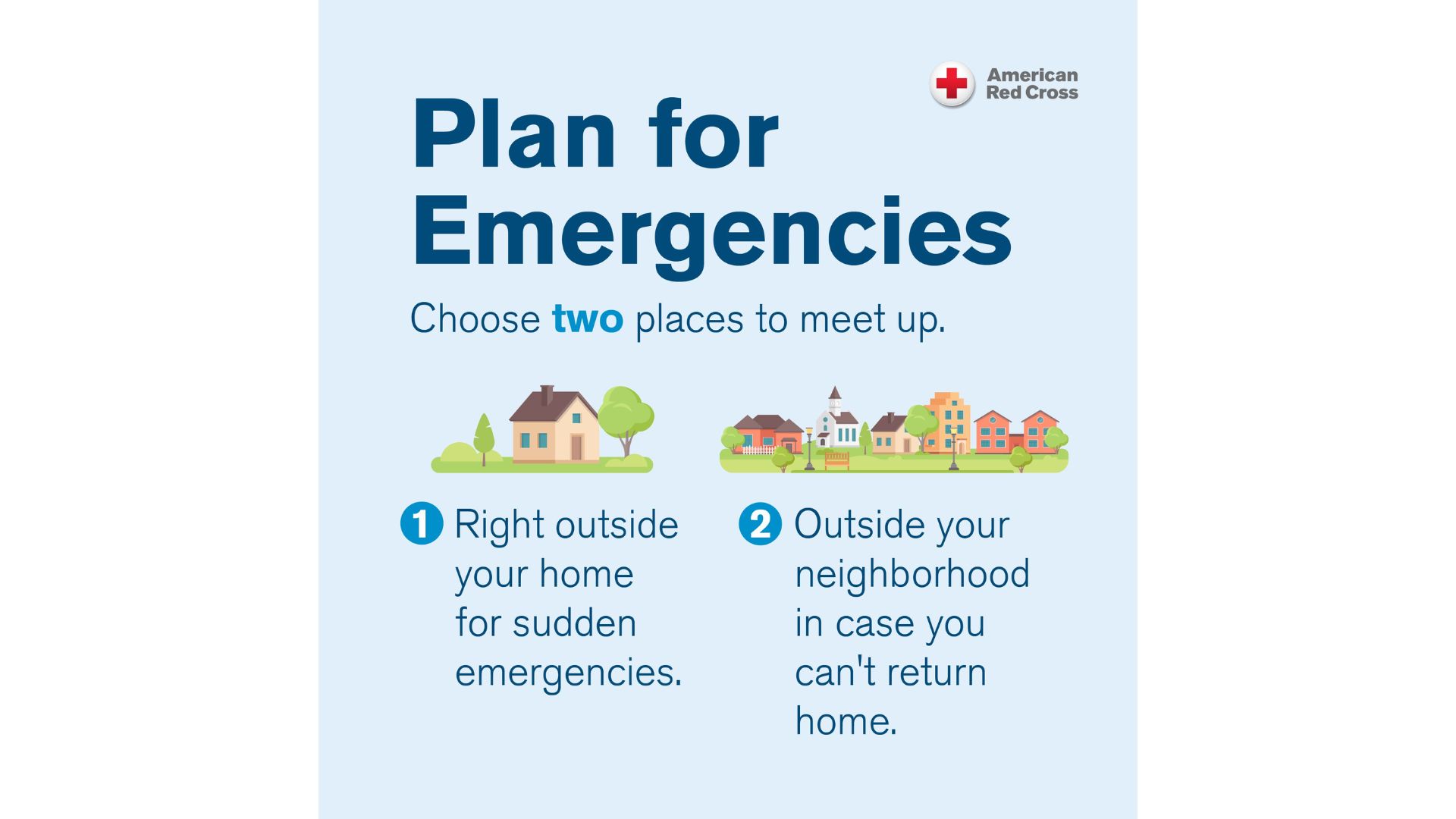 Infographic titled "Plan for Emergencies: Choose two places to meet up." It details two steps: 1. Right outside your home for sudden emergencies, illustrated with a house icon. 2. Outside your neighborhood in case you can't return home, illustrated with a neighborhood street icon.