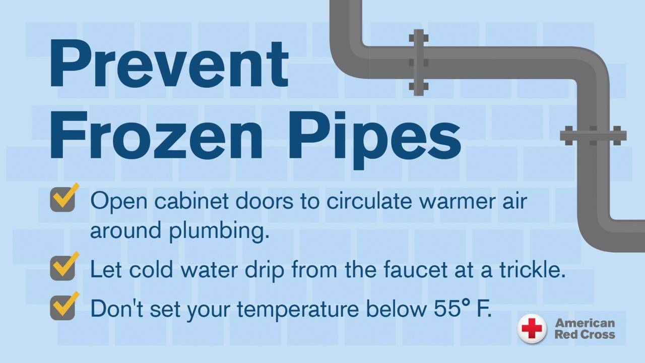 Blue rectangle graphic that reads Prevent frozen pipes: Open cabinet doors to circulate warmer air around plumbing. Let cold water drip from the faucet at trickle. Don't set your temperature below 55 degrees F. 