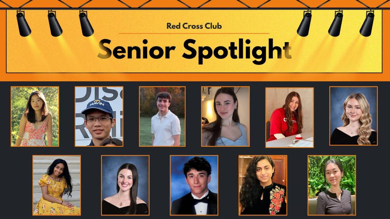A banner graphic with an orange header reading "Red Cross Club Senior Spotlight" above a grid of headshot photos showing ten graduating Red Cross Club student volunteers.