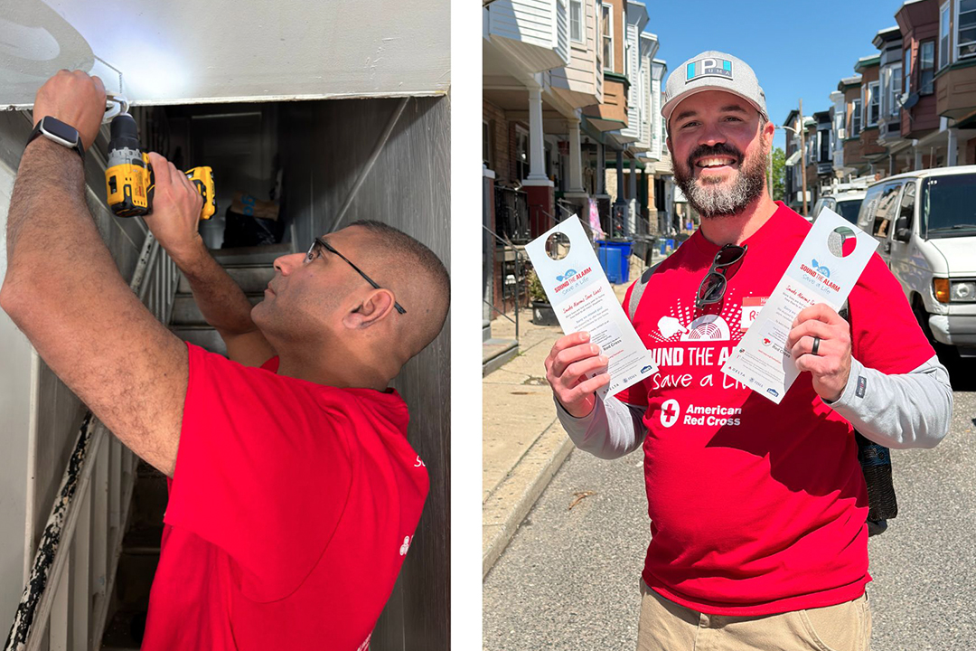Two photos - on the left, a Red Cross volunteer drills into a ceiling to install a smoke alarm. On the right, a Red Cross volunteer holds Sound the Alarm door hangers while standing on a city sidewalk.