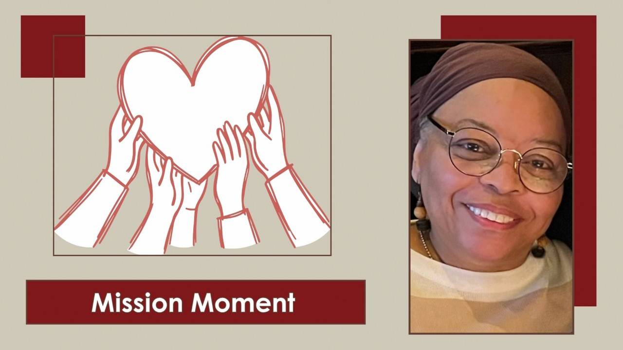 Graphic featuring a stylized illustration of hands holding a heart, alongside a portrait of Tammy Williams smiling and wearing glasses and a head wrap, with a banner that reads "Mission Moment."